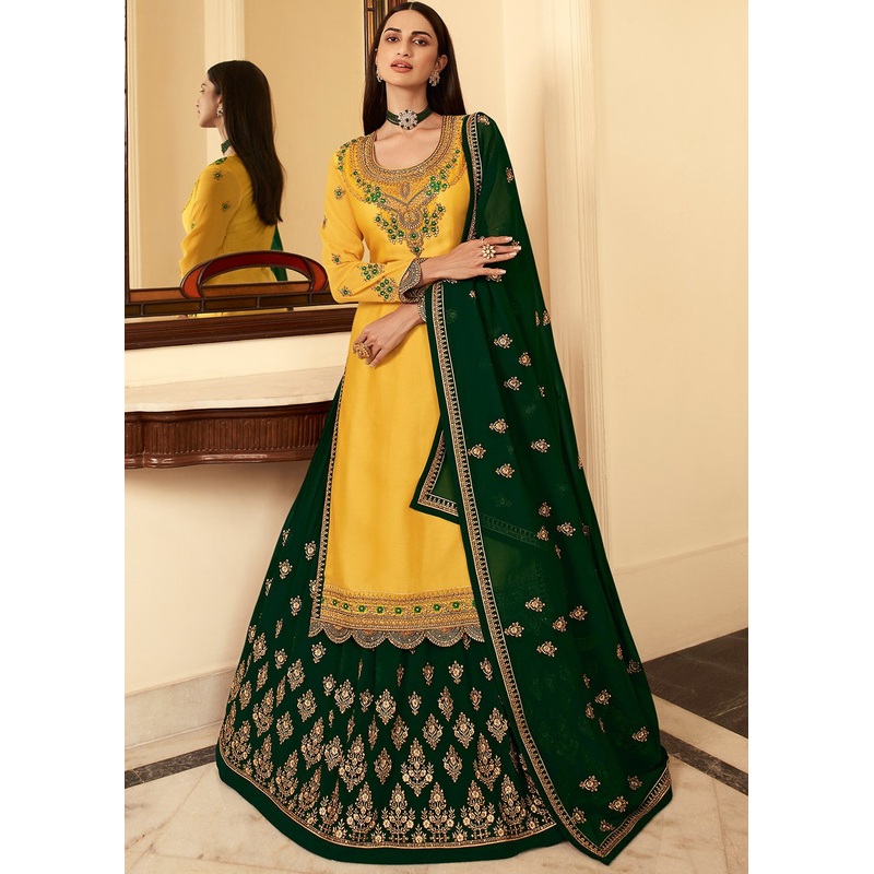 Green & Yellow Long Kurti Style Embroidered Lehenga