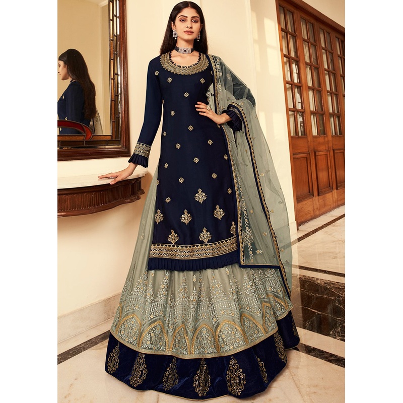 Grey & Navy Blue Long Kurti Style Embroidered Lehenga