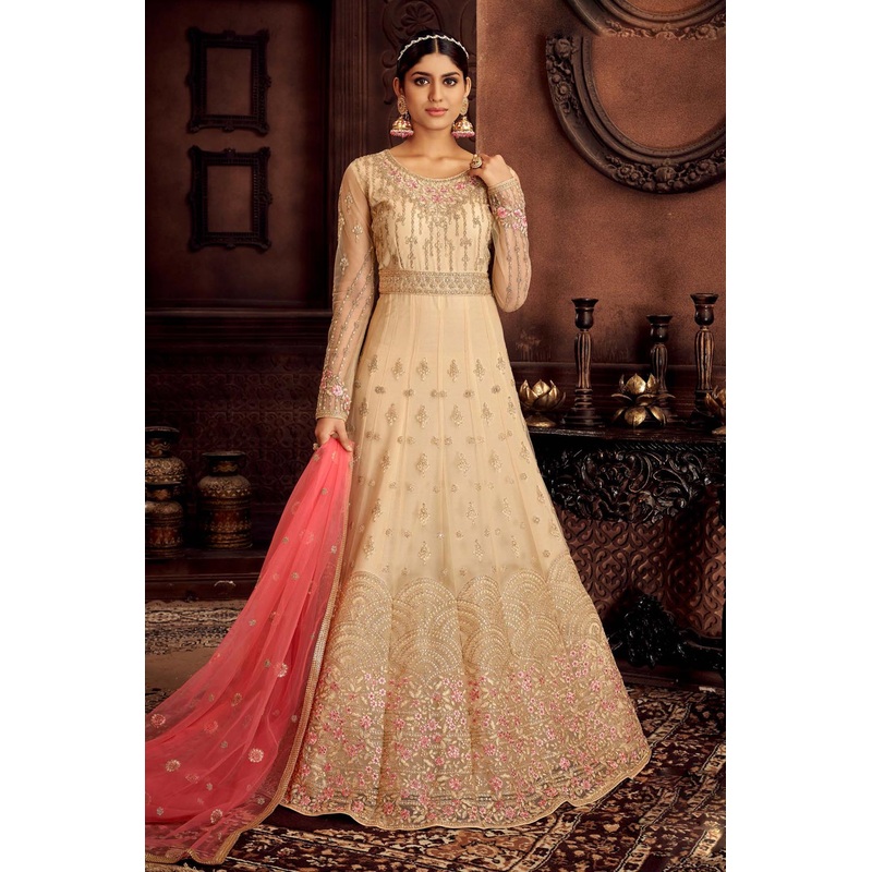 Heavy Embroidered Cream Net Bridal Anarkali Suit