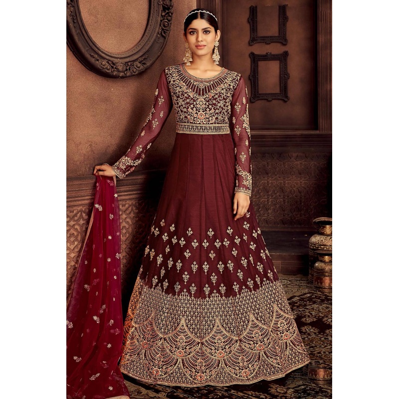 Heavy Embroidered Maroon Net Bridal Anarkali Suit