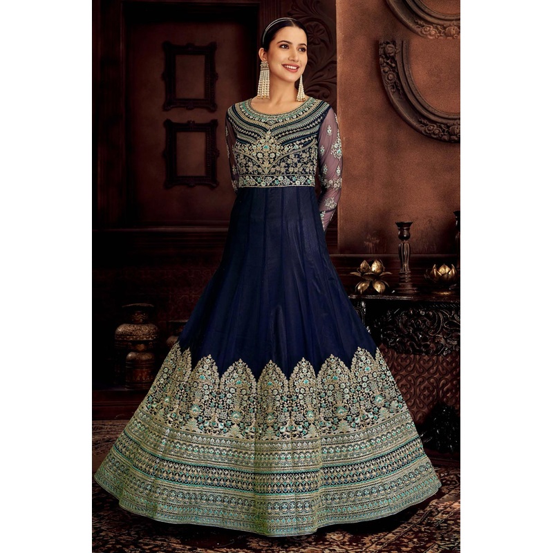 Heavy Embroidered Navy Blue Net Bridal Anarkali Suit