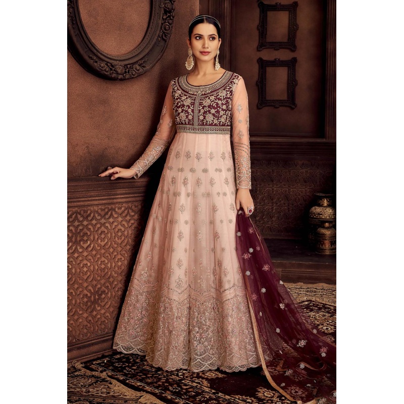 Heavy Embroidered Pink & Wine Net Bridal Anarkali Suit