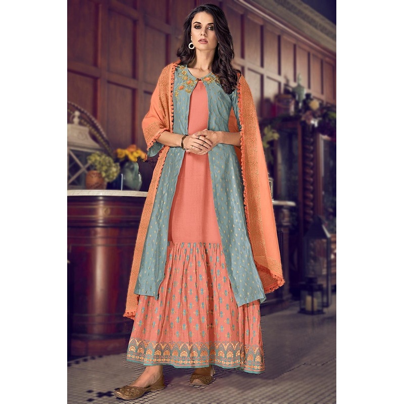 Jacket Style Dazzling Peach Embroidered Designer Suit