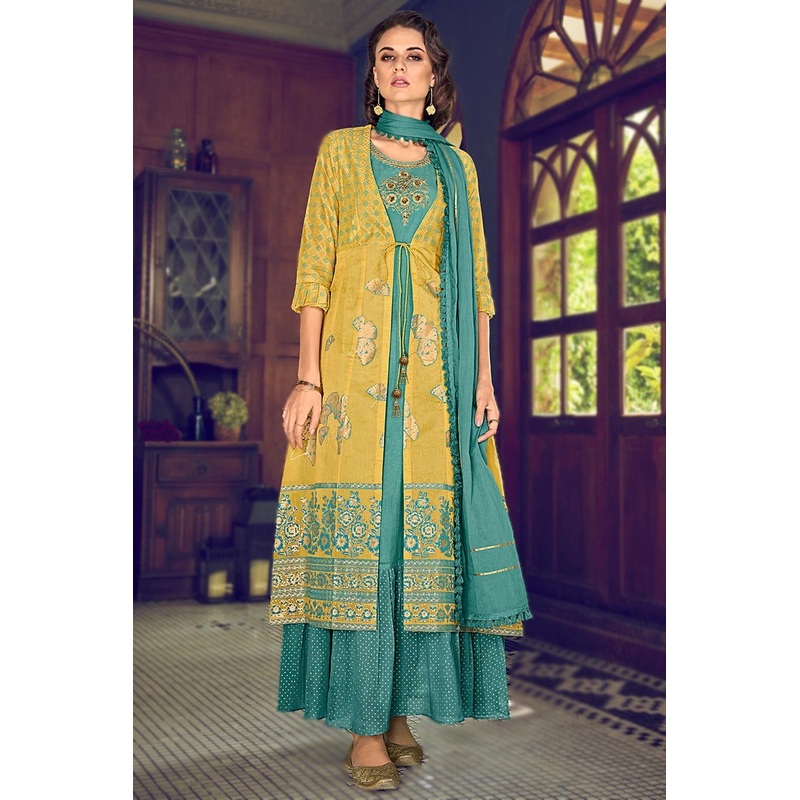 Jacket Style Teal & Yellow Embroidered Designer Suit
