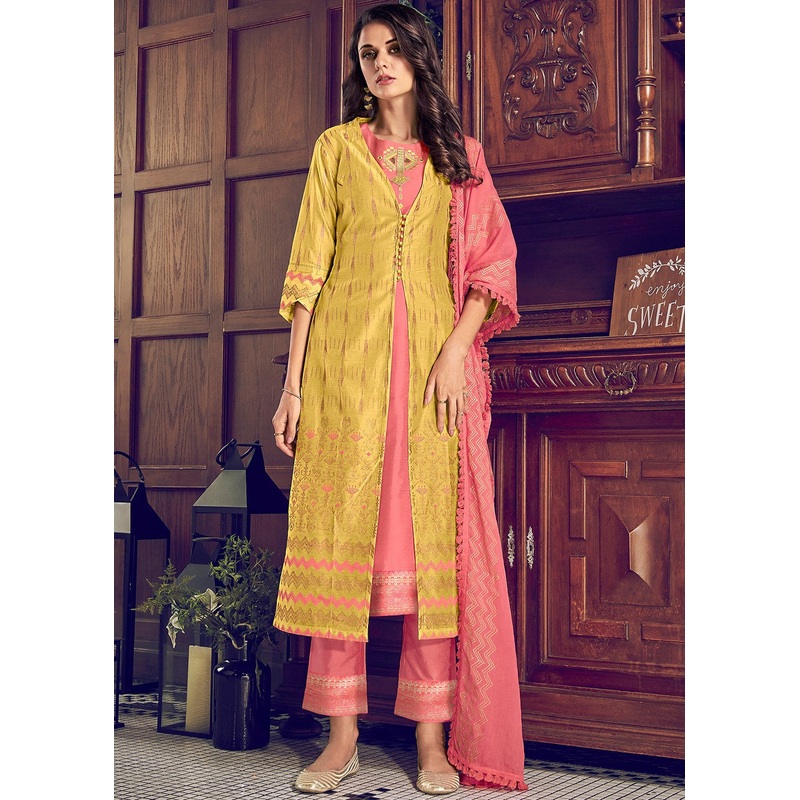 Jacket Style Yellow & Pink Embroidered Designer Suit