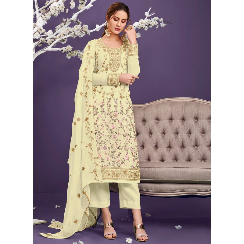 Light Yellow Pakistani Style Georgette Embroidered Salwar Suit