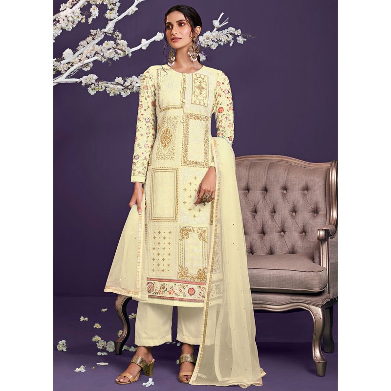 Lime Yellow Pakistani Style Georgette Embroidered Salwar Suit