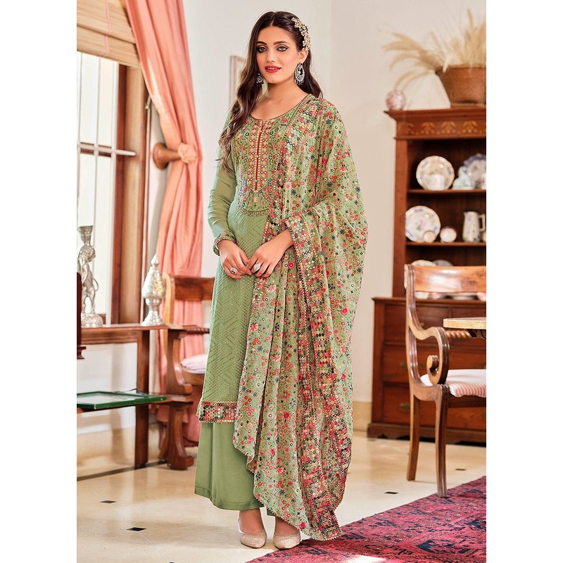 Lovely Green Punjabi Style Straight Cut Palazzo Suit