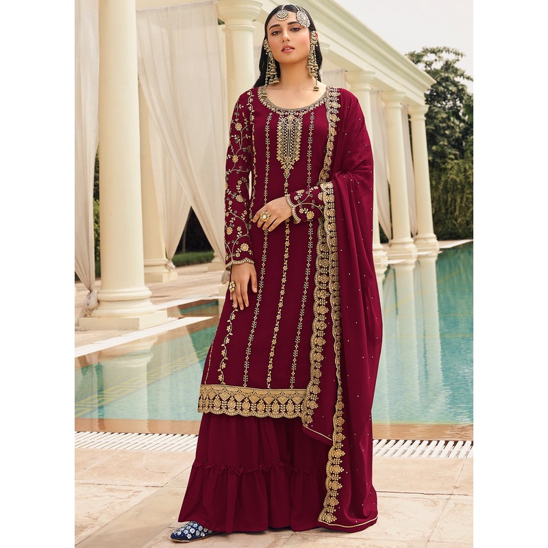Maroon & Gold Embroidered Sequins Sharara Suit