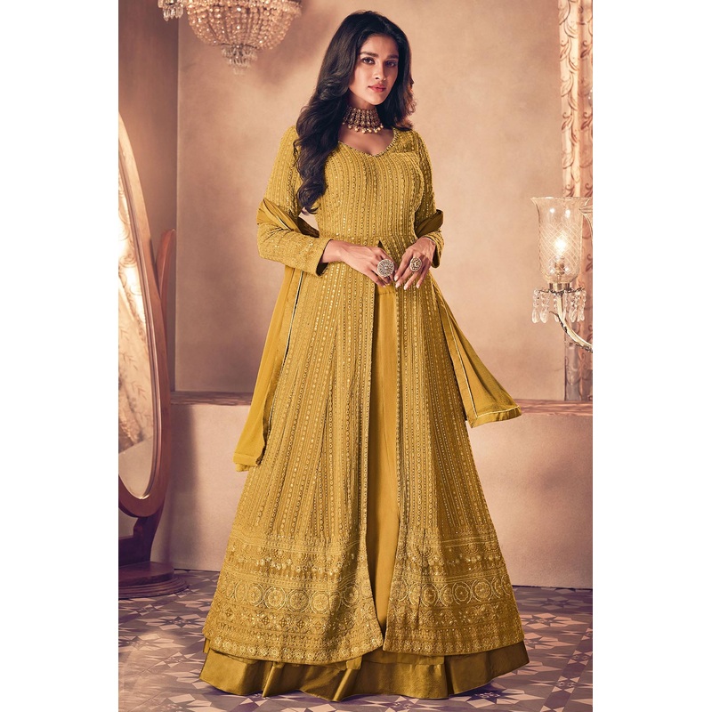 Mustard Yellow Floor Length Sequins Work Anarkali Suit