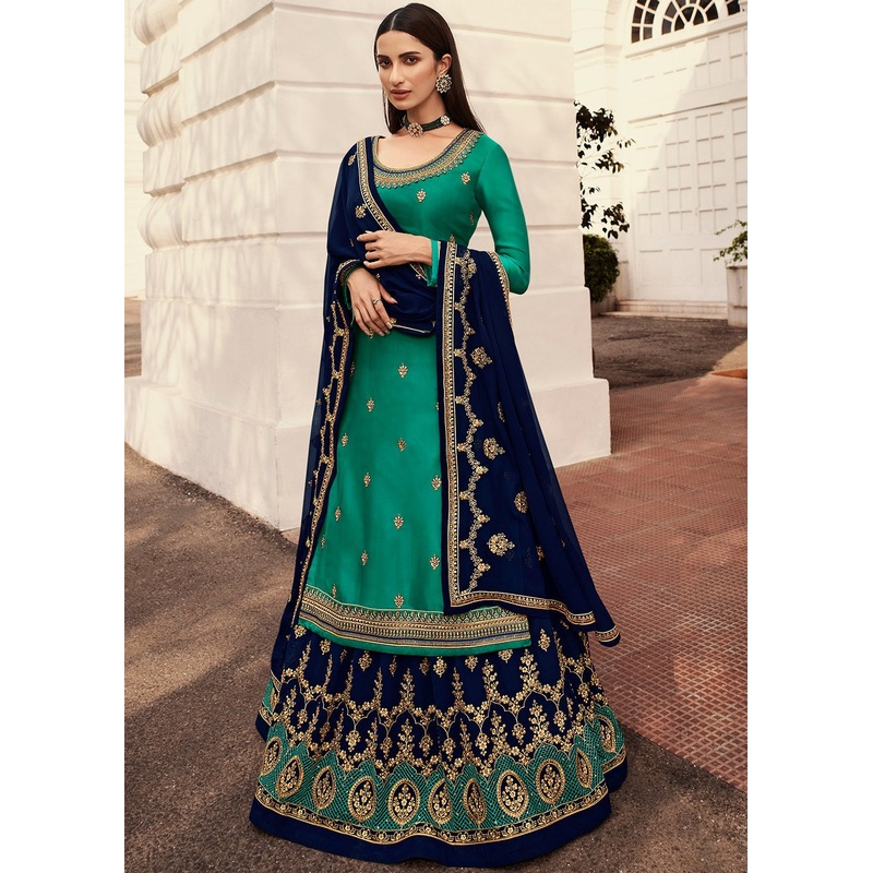 Navy & Aqua Blue Long Kurti Style Embroidered Lehenga