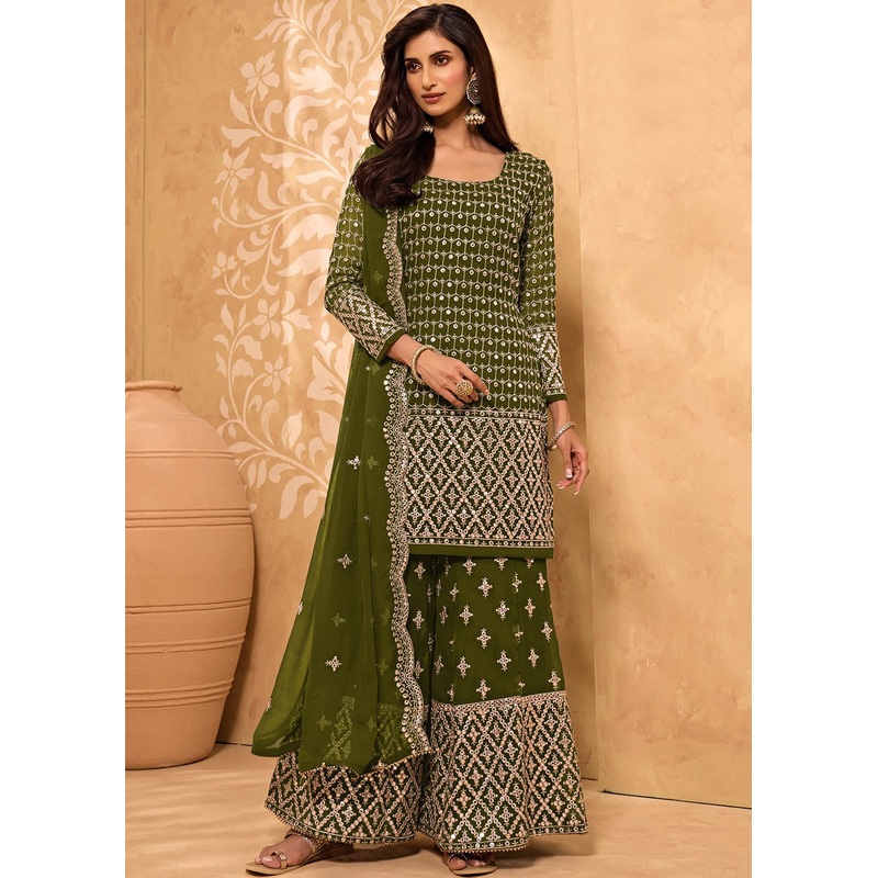 Olive Green Party Style Designer Sharara Suit