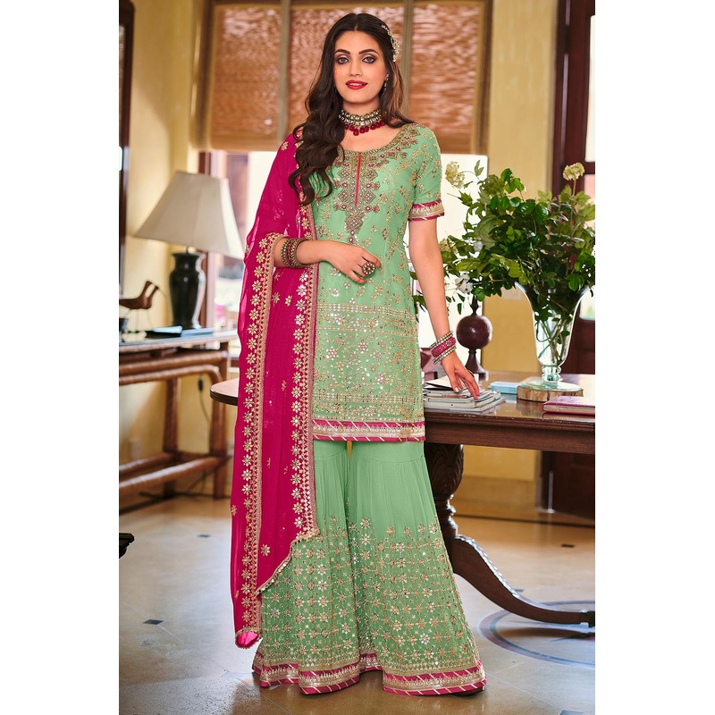 Palazzo Style Aqua Green Embellished Georgette Suit