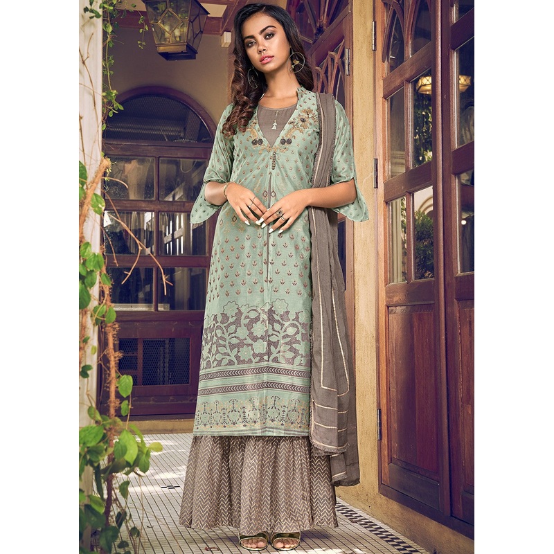 Palazzo Style Bluish Grey Embroidered Designer Suit