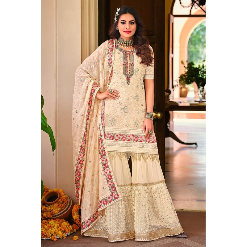 Palazzo Style Cream Embellished Georgette Suit