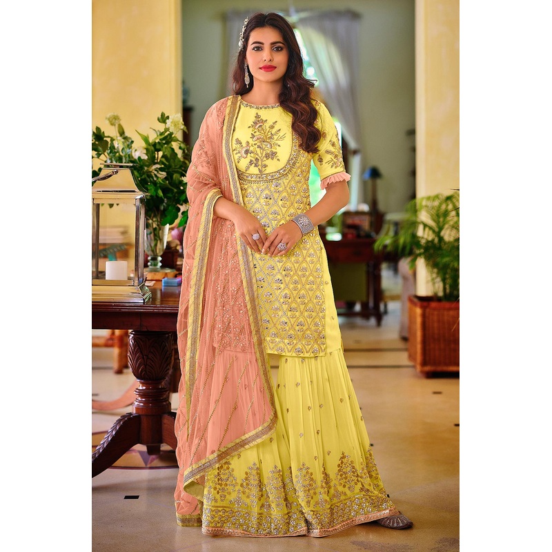 Palazzo Style Lemon Yellow Embellished Georgette Suit