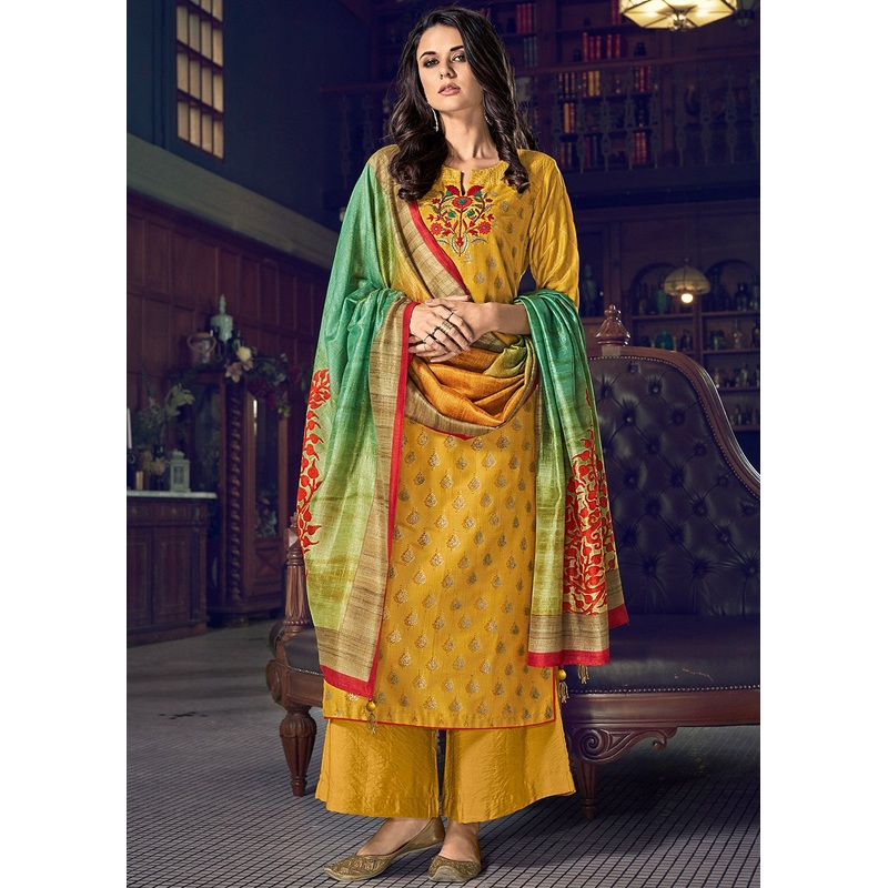 Palazzo Style Mustard Yellow Embroidered Designer Suit