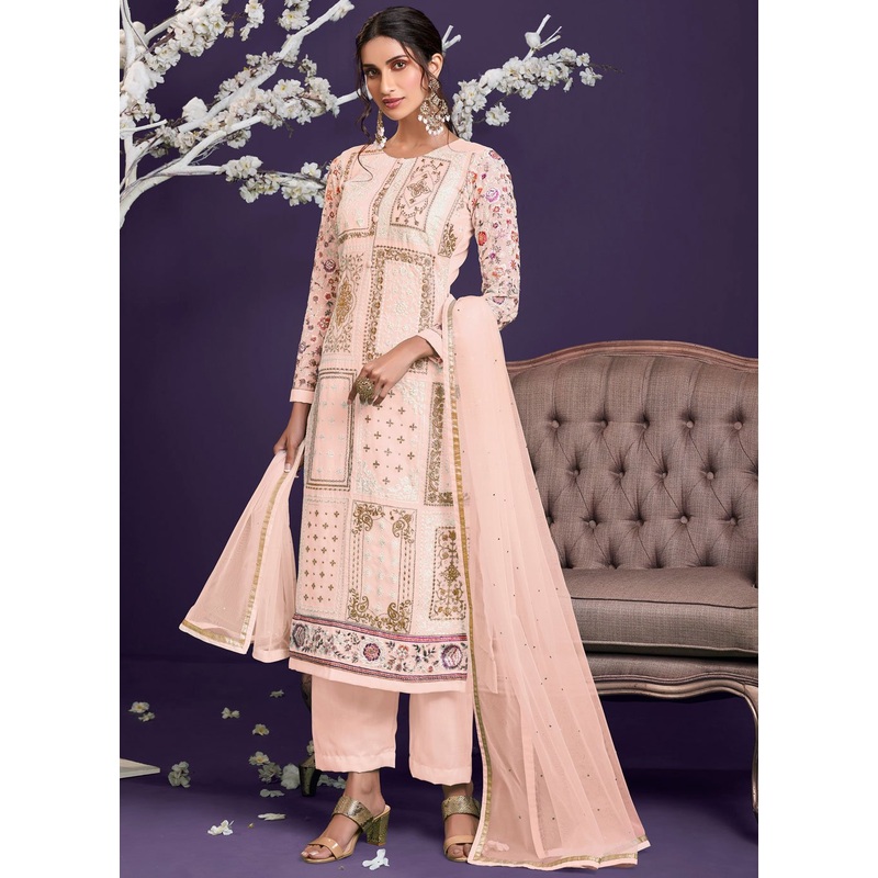 Pale Peach Pakistani Style Georgette Embroidered Salwar Suit