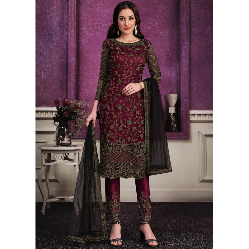 Pant Style Black & Maroon Sequins Embroidered Designer Suit