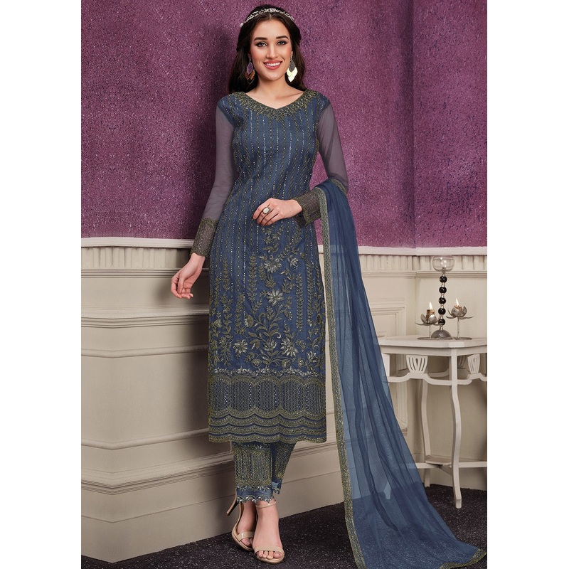 Pant Style Blue Sequins Embroidered Designer Suit
