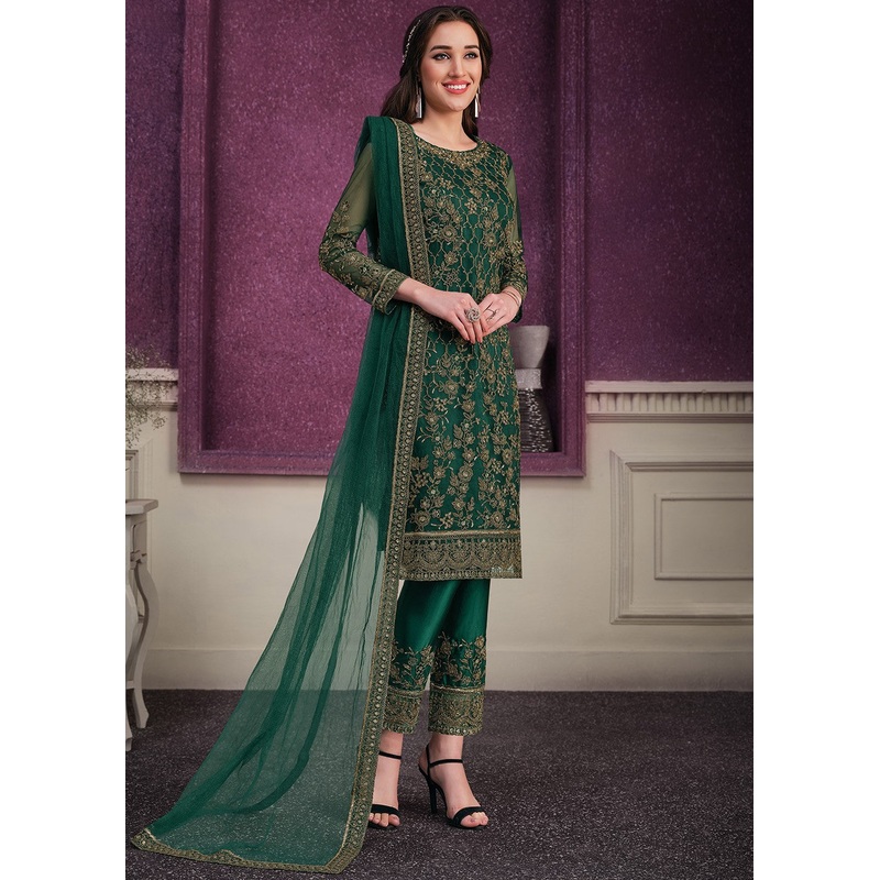 Pant Style Bottle Green Sequins Embroidered Designer Suit