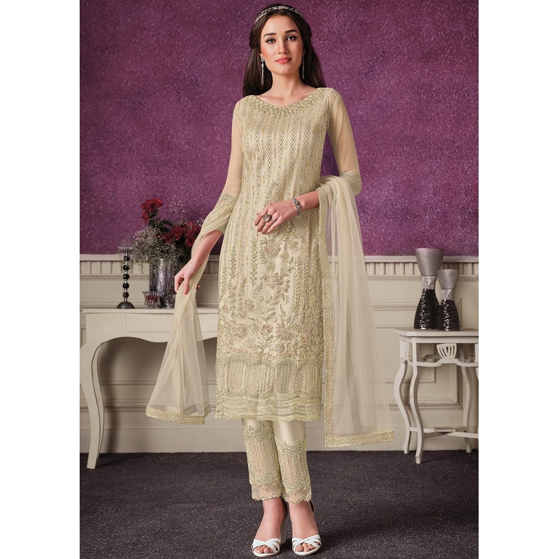 Pant Style Cream Sequins Embroidered Designer Suit