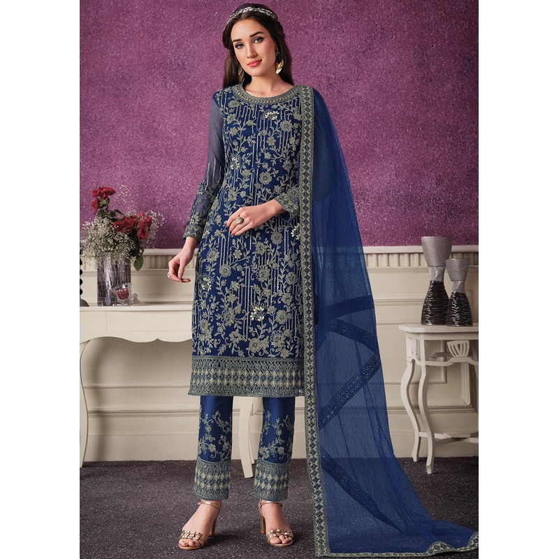 Pant Style Navy Blue Sequins Embroidered Designer Suit
