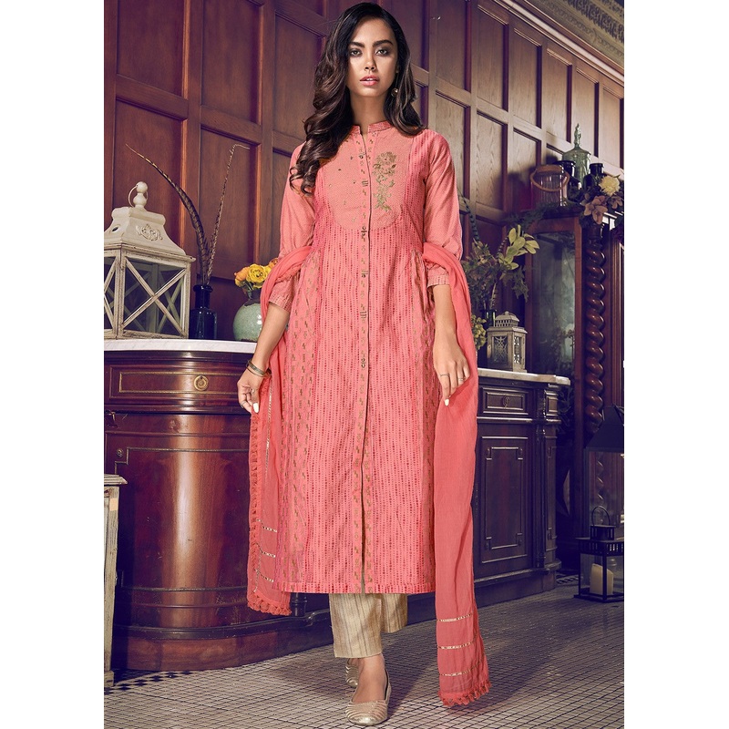 Pant Style Peachy Pink Embroidered Designer Suit