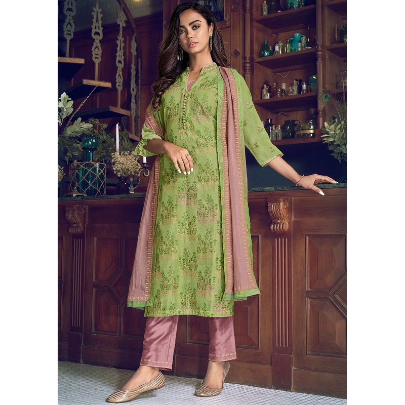 Pant Style Pear Green Embroidered Designer Suit