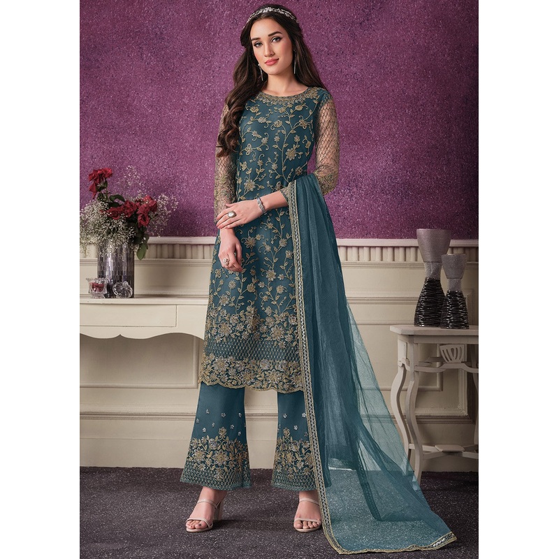 Pant Style Teal Blue Sequins Embroidered Designer Suit