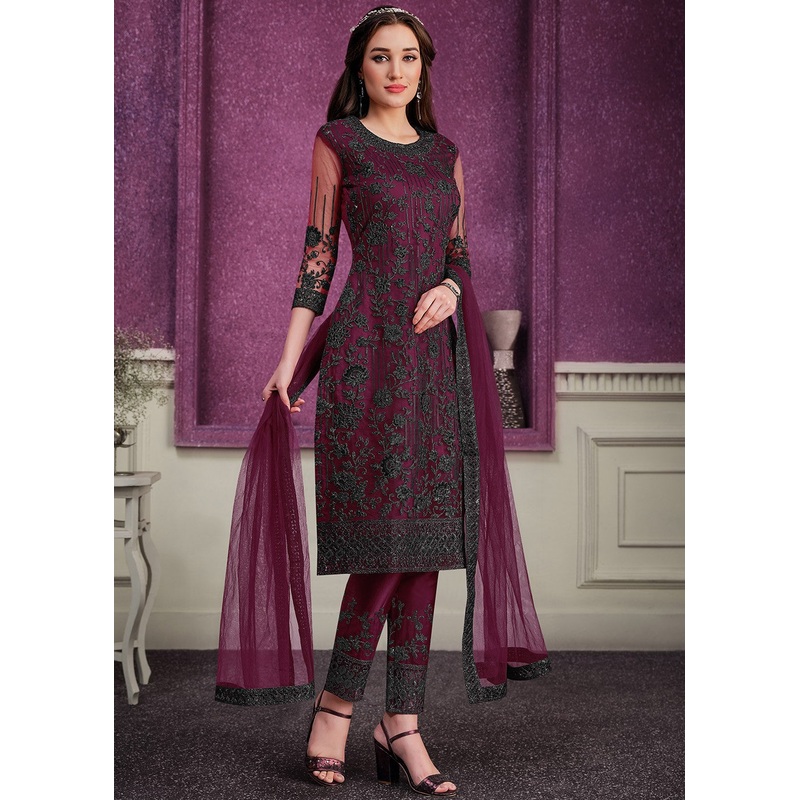 Pant Style Wine Sequins Embroidered Designer Suit