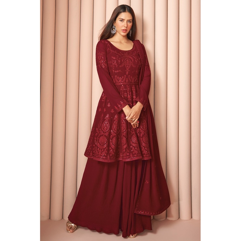 Party Wear Delightful Maroon Palazzo Style Salwar Suit