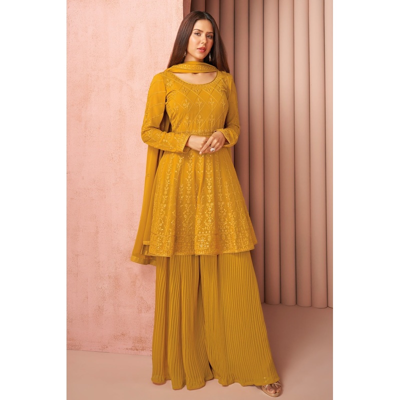 Party Wear Sunny Yellow Palazzo Style Salwar Suit