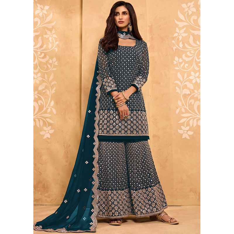 Peacock Blue Party Style Designer Sharara Suit
