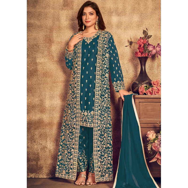 Peacock Blue Satin Net Suit with Heavy Jacket
