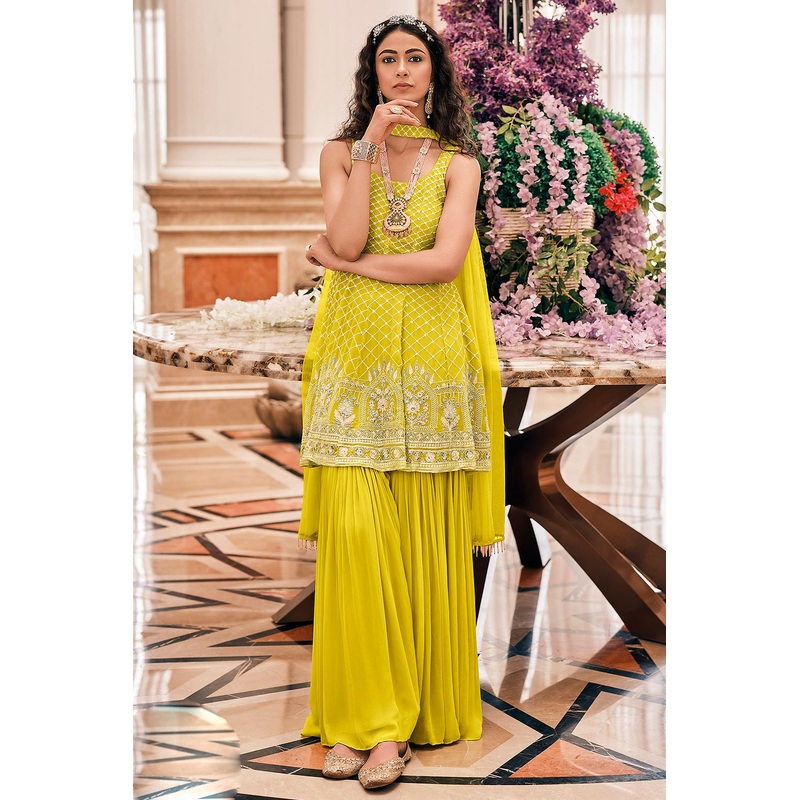 Peplum Style Haldi Yellow Viscose Palazzo Suit