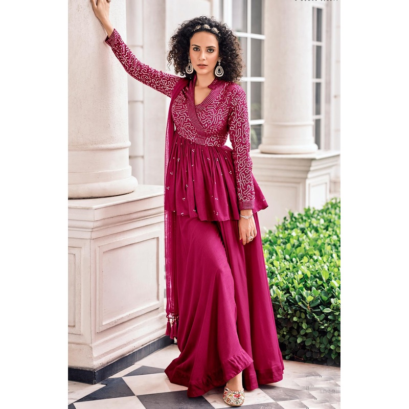 Peplum Style Hot Pink Viscose Palazzo Suit