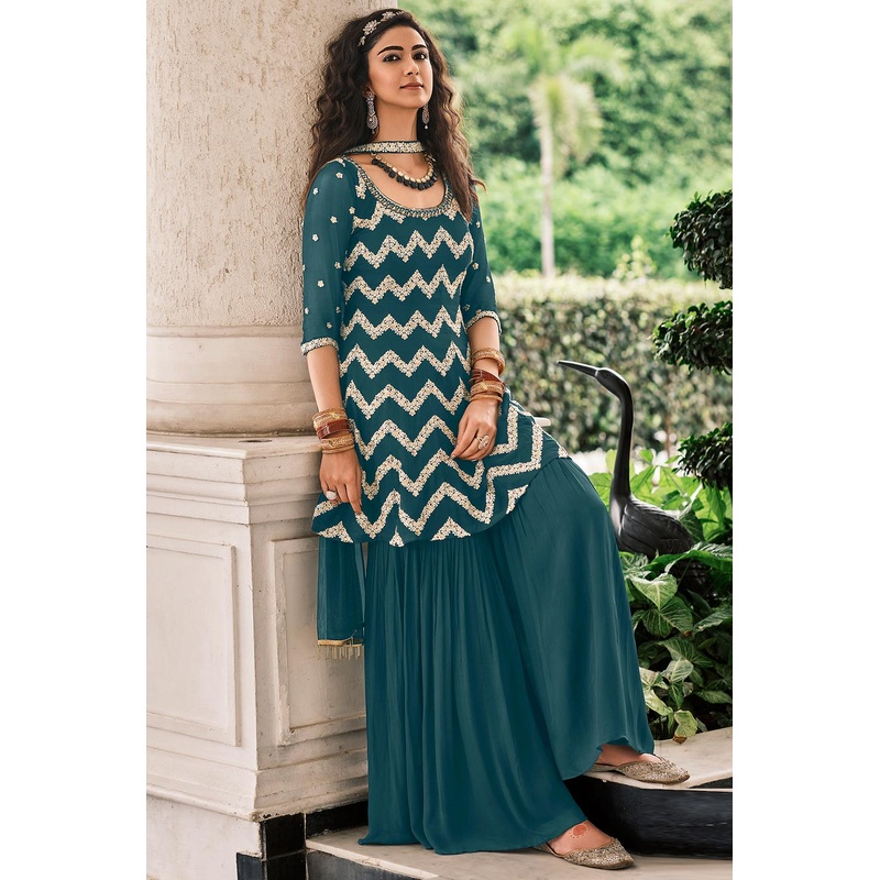Peplum Style Morpeach Blue Viscose Palazzo Suit
