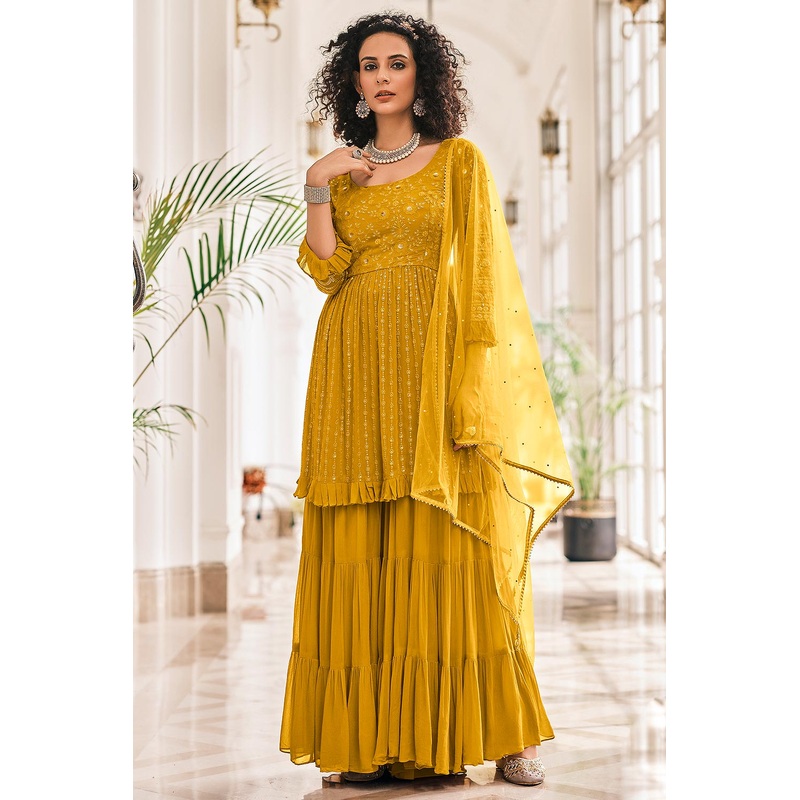 Peplum Style Mustard Yellow Viscose Palazzo Suit