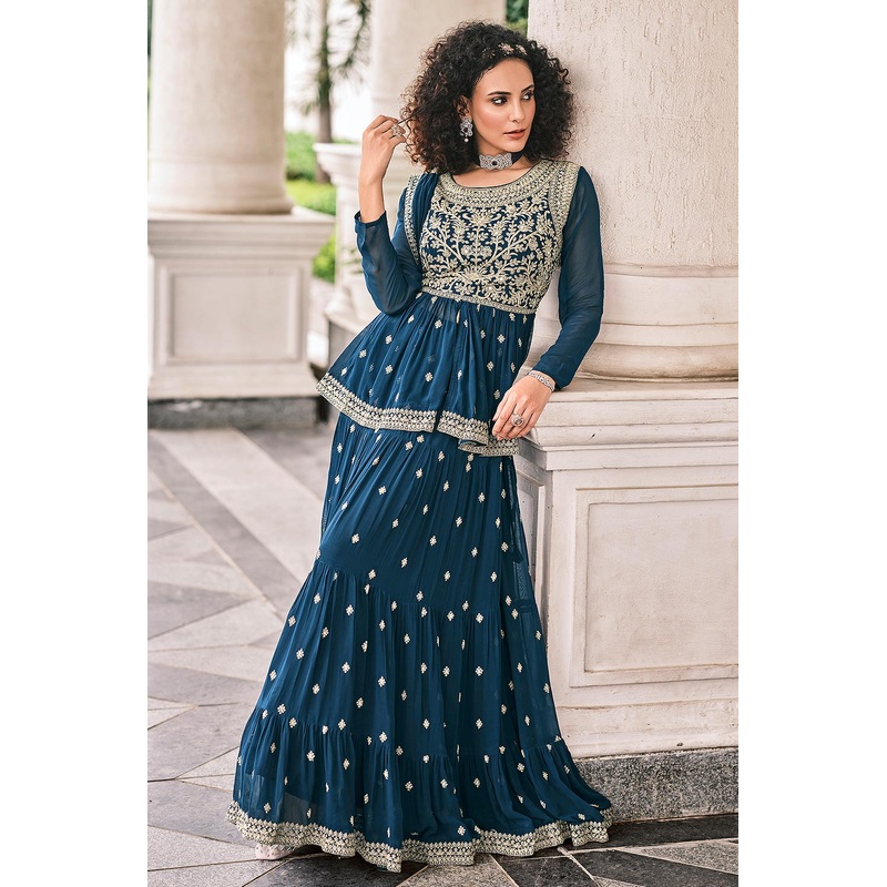 Peplum Style Teal Blue Viscose Palazzo Suit