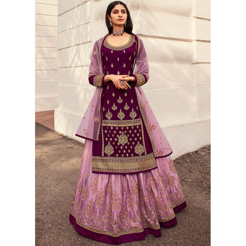 Pink & Purple Long Kurti Style Embroidered Lehenga