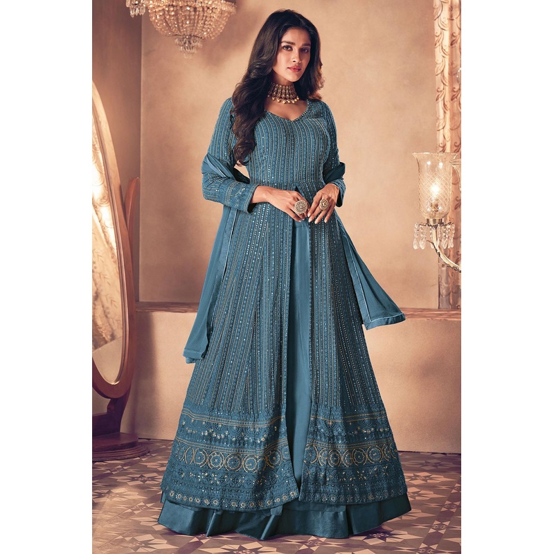 Prussian Blue Floor Length Sequins Work Anarkali Suit