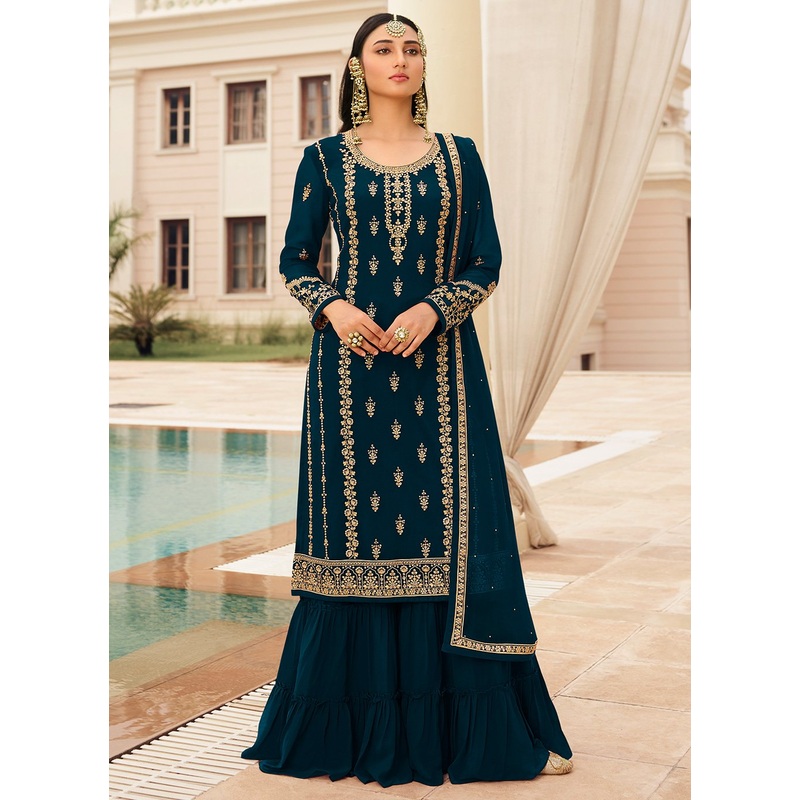 Prussian Blue & Gold Embroidered Sequins Sharara Suit