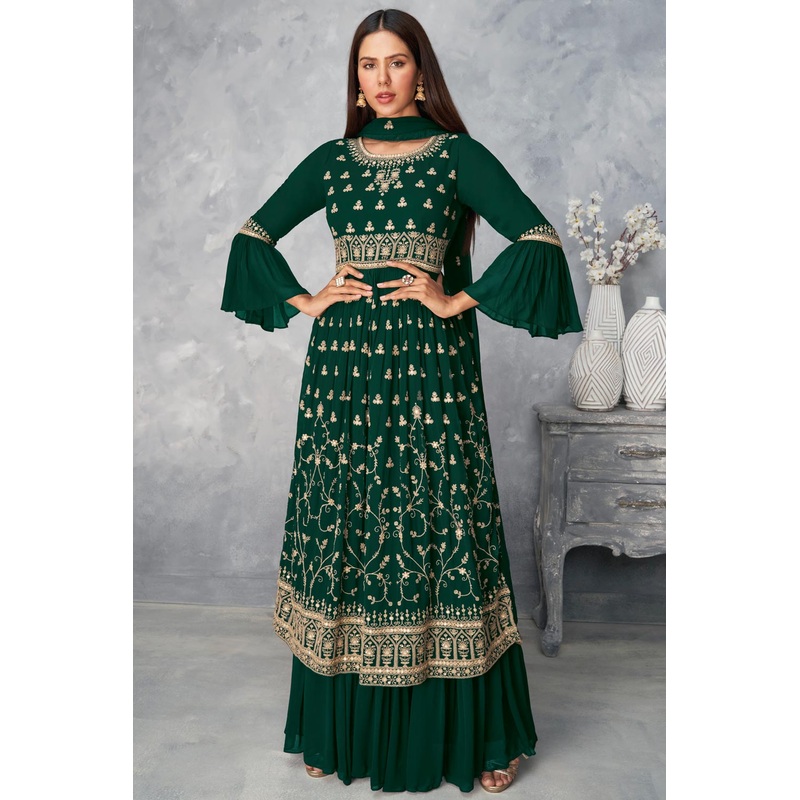 Real Georgette Bottle Green Peplum Sharara Suit