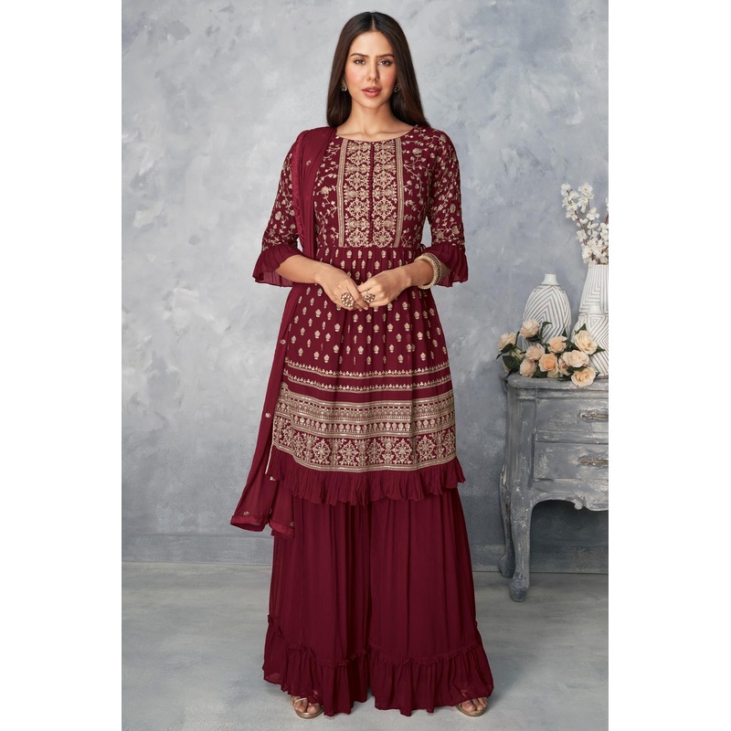 Real Georgette Deep Red Peplum Sharara Suit