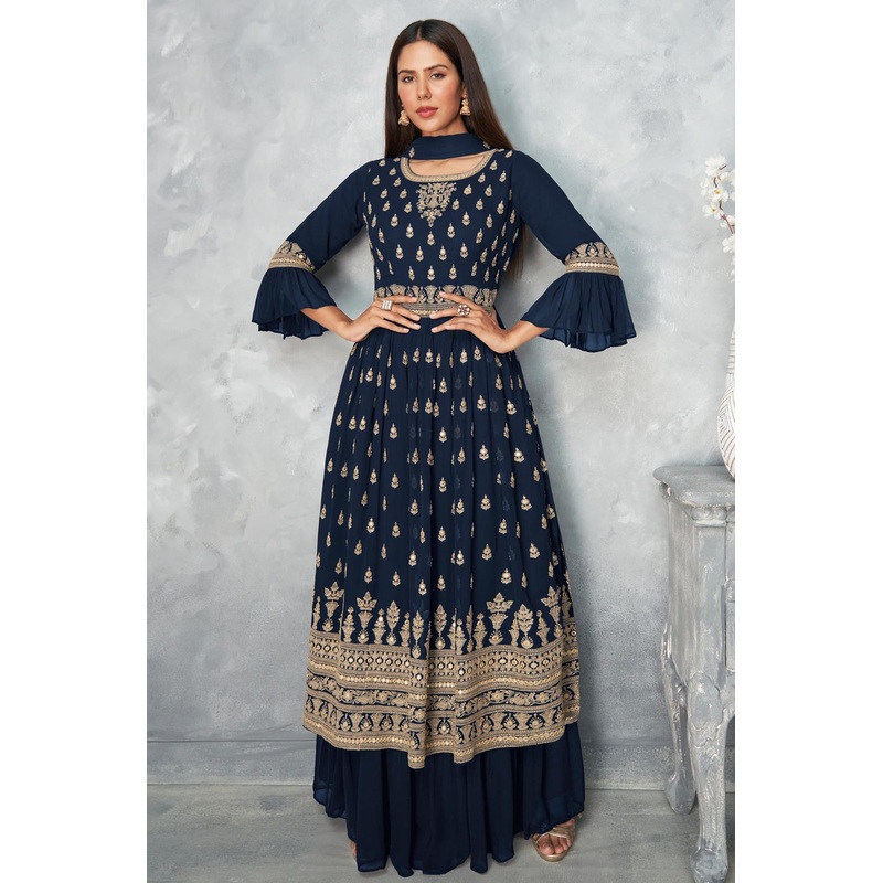 Real Georgette Navy Blue Peplum Sharara Suit