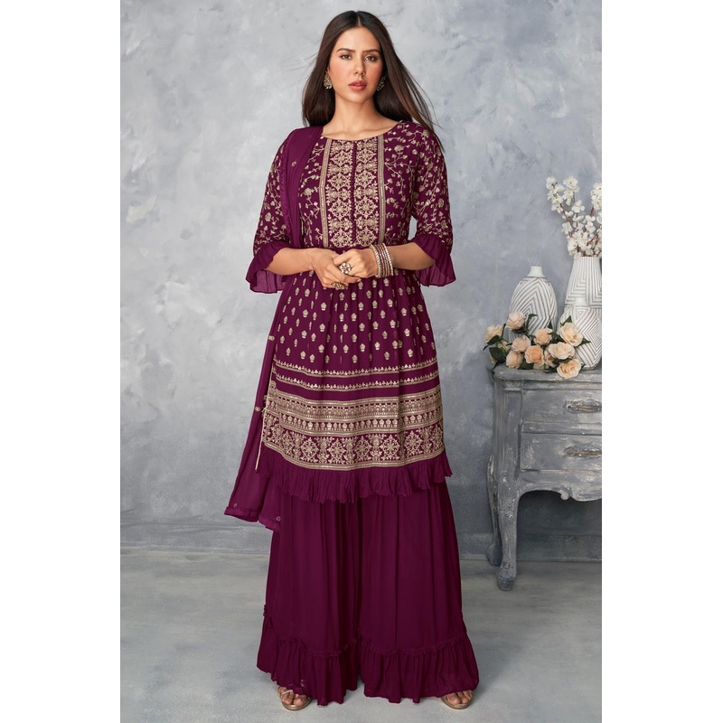 Real Georgette Plum Purple Peplum Sharara Suit