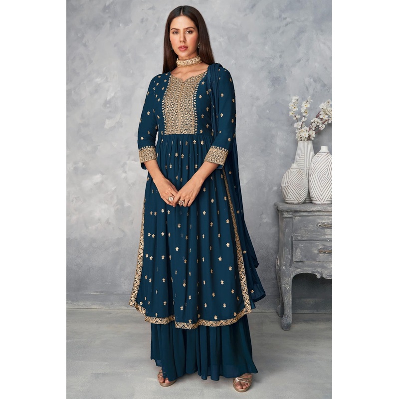 Real Georgette Prussian Blue Peplum Sharara Suit