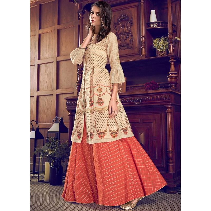 Sharara Style Cream & Orange Embroidered Designer Suit