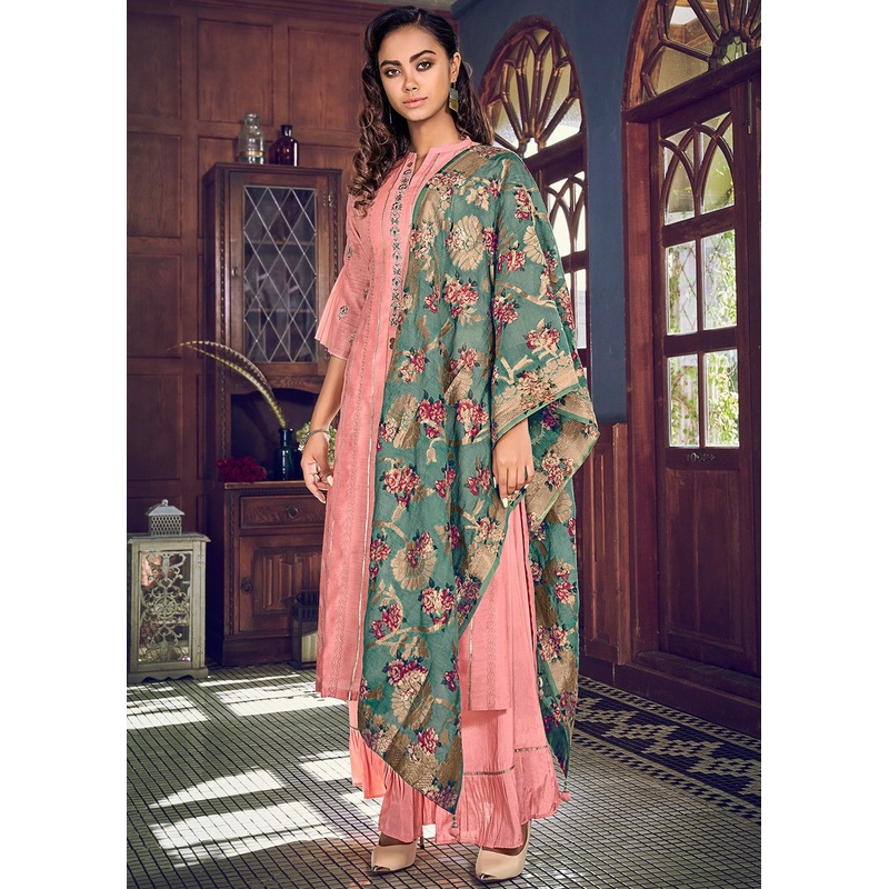 Sharara Style Salmon Pink Embroidered Designer Suit